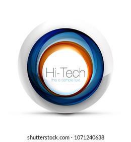 Digital techno sphere web banner, button or icon with text. Glossy swirl color abstract circle design, hi-tech futuristic symbol with color rings and grey metallic element. Vector illustration