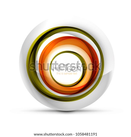 Digital techno sphere web banner, button or icon with text. Glossy swirl color abstract circle design, hi-tech futuristic symbol with color rings and grey metallic element. Vector illustration