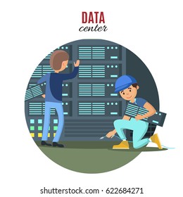 Digital technologic concept with engineers connecting and checking cloud servers in data center vector illustration