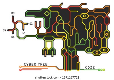 Digital technological tree in the form of a printed circuit board. Infographic design. Colorful futuristic background, vector scheme.