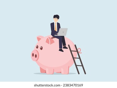 Digital technologies in the banking sector, Sits on a piggy bank, vector illustration.