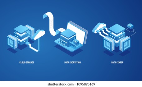 Digital technologies in business, cloud data storage, server room, online wallet, electronic bill and money transfer isometric vector illustration Digital technologies in business, cloud data storage, server room, online wallet, electronic bill and money transfer isometric vector illustration