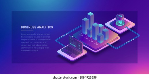 Digital technologies in business. Digital system analysis of business. Business growth graph. Online wallet. Electronic payment systems. Digital money transfers.Conceptual Isometric illustration.