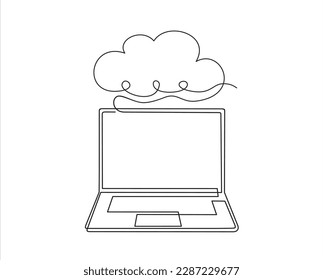 Digital technologies. Continuous One  line drawing of Exchange of information between the laptop and the cloud. A laptop glow downloads files into the cloud storage. 