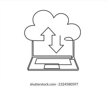 Digital technologies. Continuous One  line drawing of Exchange of information between the laptop and the cloud. A laptop glow downloads files into the cloud storage. 