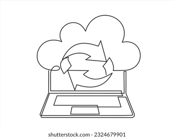 Digital technologies. Continuous One  line drawing of Exchange of information between the laptop and the cloud. A laptop glow downloads files into the cloud storage. 