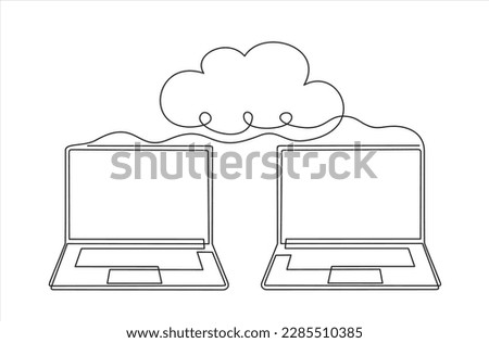 Digital technologies. Continuous One  line drawing of Exchange of information between the laptop and the cloud. A laptop glow downloads files into the cloud storage. 