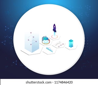 Digital Technologies. Data Analysis. Isometric digital concept of business data and analytics. Startup concept. Launch a new product on a market. Isometric vector illustration
