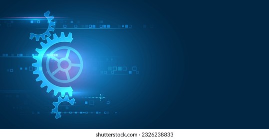 Digital technologies, data transfer. Futuristic particle motion design. For website and presentations. Abstract blue background consisting of gears and horizontal lines.
