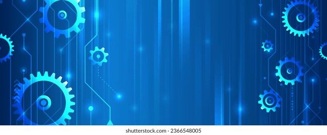 Digital technologies, data transfer. Futuristic particle motion design. For website and presentations. Abstract blue background consisting of gears and horizontal lines.