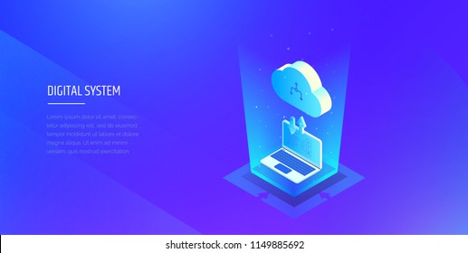 Digital technologies. Exchange of information between the computer and the cloud. A laptop in blue glow downloads files into the cloud storage. Modern vector illustration isometric style.