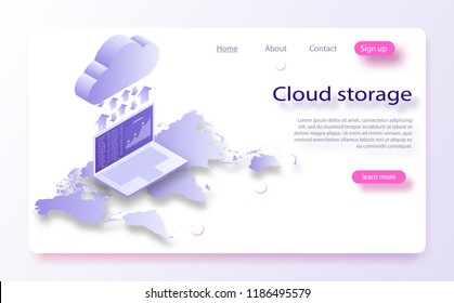 Digital technologies. Exchange of information between the computer and the cloud. Laptop in downloads files into the cloud storage. Online Computing Storage 3D isometry concept.