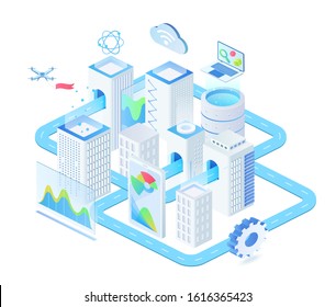 Digital Technologies Isometric Vector Illustration. Industrial Innovative Town Management. Futuristic Cluster. Connection And Urban Infrastructure. Smart City Cartoon Conceptual Design Element