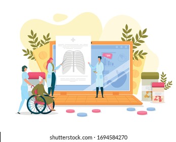 Digital Technologies in Medical Examination Flat Cartoon Vector Illustration. Human Organs, Graph with Indicators on Laptop Screen. Doctors Studying Results, Looking at Lungs. Disabled Woman.