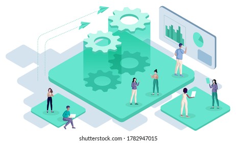 Digital technologies. Monitoring and testing of the digital process. Digital business analysis. Conceptual illustration. Isometric vector illustration. A group of people interact with the gadgets