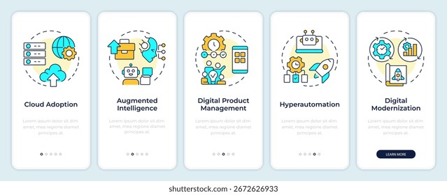 Tecnologias digitais na tela do aplicativo móvel integrado. Processos de negócios. Passo a passo 5 passos instruções gráficas editáveis com conceitos lineares. IU, UX, GUI