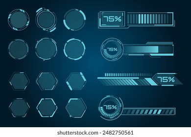 Digital technologies UI, UX. Futuristic HUD, FUI, virtual interface. Futuristic information templates. Callouts, headers and borders in Cyberpunk style. Science fiction.