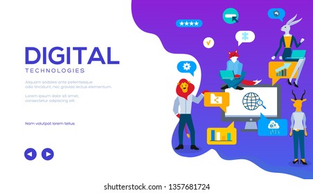 Digital technologies vector landing page template. SMM, SEO, Internet marketing web banner design. Programmers flat characters developing app. Animal metaphors for analysts, brokers, investors