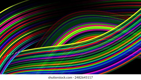 Digital technologies. Wavy multi-colored lines from many dots or particles on a black background. Vector illustration for your design.