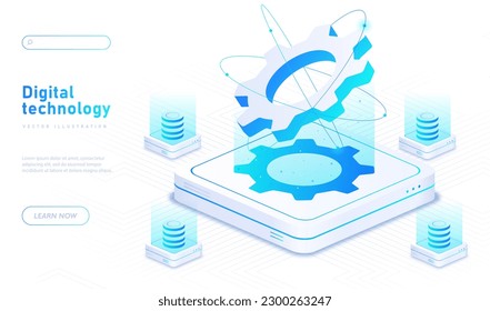 Digital technologies white banner. Button with big gear and servers. Information exchange and wireless connections. Landing page design. Technical support center. Isometric vector illustration