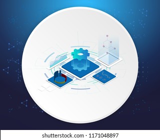 Digital technologies.Data Analysis. Digital business analysis. Conceptual illustration. Isometric vector illustration. 3D