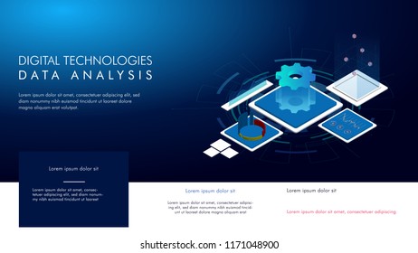 Digital technologies.Data Analysis. Digital business analysis. Conceptual illustration. Isometric vector illustration. 3D
