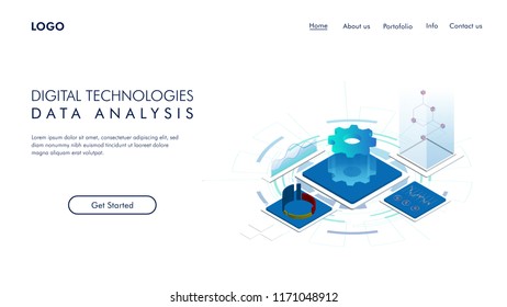 Digital technologies.Data Analysis. Digital business analysis. Conceptual illustration. Isometric vector illustration. 3D