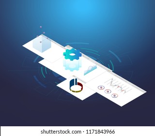 Digital technologies.Data Analysis. Digital business analysis. Conceptual illustration. Isometric vector illustration. 3D
