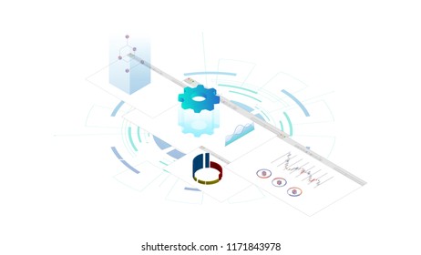Digital technologies.Data Analysis. Digital business analysis. Conceptual illustration. Isometric vector illustration. 3D