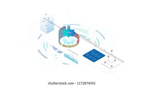 Digital technologies.Data Analysis. Digital business analysis. Conceptual illustration. Isometric vector illustration. 3D