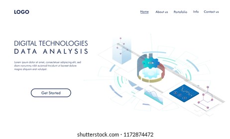 Digital technologies.Data Analysis. Digital business analysis. Conceptual illustration. Isometric vector illustration. 3D