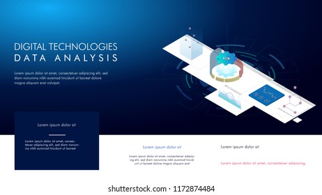 Digital technologies.Data Analysis. Digital business analysis. Conceptual illustration. Isometric vector illustration. 3D