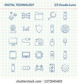 Digital Technology 25 Doodle Icons. Hand Drawn Business Icon set