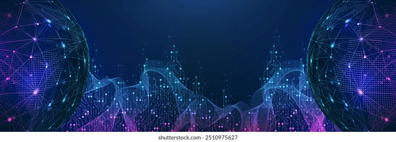 Digital technology abstract background with AI circuit board texture. Technology connected blue lines with electronics elements on tech BG. Semiconductor hardware. Cyber engineering.