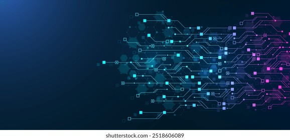 Fondo abstracto de tecnología digital con textura de placa de circuito AI. Tecnología conectó líneas azules con Elementos electrónicos en Tech BG. Hardware de semiconductores. Ingeniería cibernética