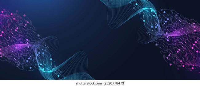 Fondo abstracto de tecnología digital con textura de placa de circuito AI. Tecnología conectó líneas azules con Elementos electrónicos en Tech BG. Hardware de semiconductores. Ingeniería cibernética