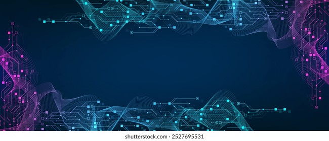 Fondo abstracto de tecnología digital con textura de placa de circuito AI. La Tecnología conectó líneas azules con Elementos electrónicos en tech BG. Hardware de semiconductores. Ingeniería informática.