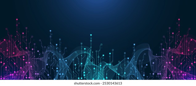 Fondo abstracto de tecnología digital con textura de placa de circuito AI. Tecnología conectó líneas azules con Elementos electrónicos en Tech BG. Hardware de semiconductores. Ingeniería cibernética