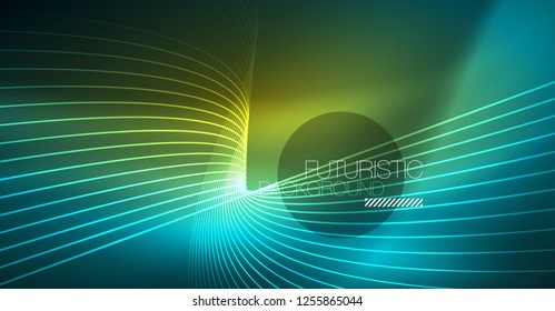 Digital technology abstract background - neon geometric design. Abstract glowing lines. Colorful techno vector background. Futuristic shape.