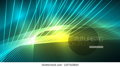 Digital technology abstract background - neon geometric design. Abstract glowing lines. Colorful techno vector background. Futuristic shape.