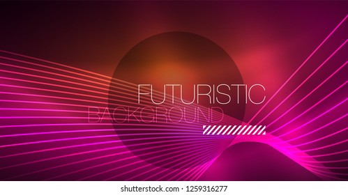 Digital technology abstract background - neon geometric design. Abstract glowing lines. Colorful techno vector background. Futuristic shape.