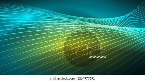 Digital technology abstract background - neon geometric design. Abstract glowing lines. Colorful techno vector background. Futuristic shape.