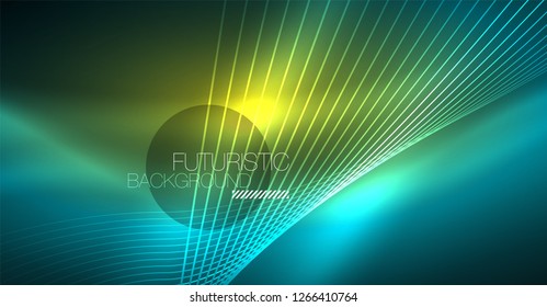 Digital technology abstract background - neon geometric design. Abstract glowing lines. Colorful techno vector background. Futuristic shape.