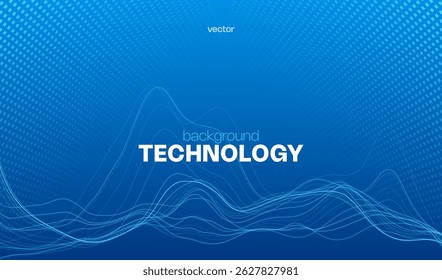 Digital technology abstract blue background concept with wavy lines, tech, innovation future data, internet network, Ai big data, lines dots connection.