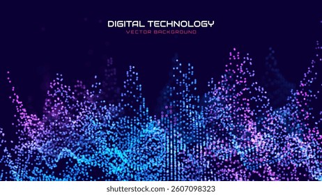 Digital Technology Abstract Particle Waves Background. Data Flow Dots Computer Science Pattern. Blue Purple Circles Graph Vector Illustration.