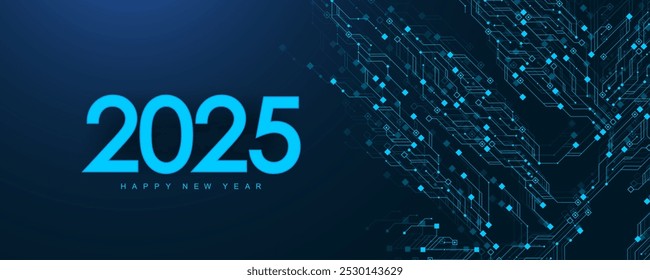 Digital technology abstract poster template 2025 with circuit board texture. Tech digital banner or header 2025 New year.