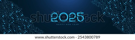 Digital technology abstract poster template 2025 with circuit board texture. Tech digital banner or header 2025 New year.