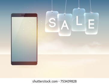 Digital technology advertising template with realistic modern smartphone and glass Sale inscription on light background vector illustration