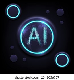 Digital technology AI background. Ring circuit button technology background. Design for AI artificial intelligence chipset cloud communication computer processor quantum.