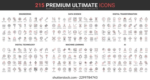 Digital technology, AI data science thin line red black icons set vector illustration. Abstract symbols of engineering and digital transformation, machine learning simple design mobile and web apps